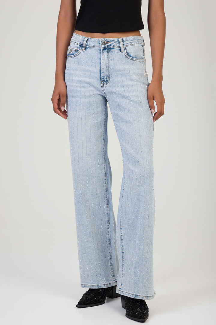High Waist Wide Leg Denim With All Over Bling - Light Wash