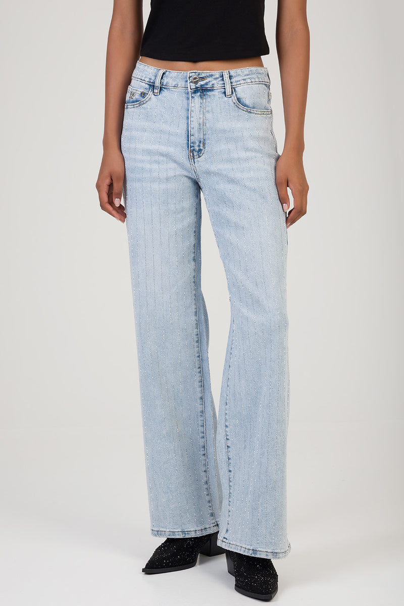 High Waist Wide Leg Denim With All Over Bling - Light Wash