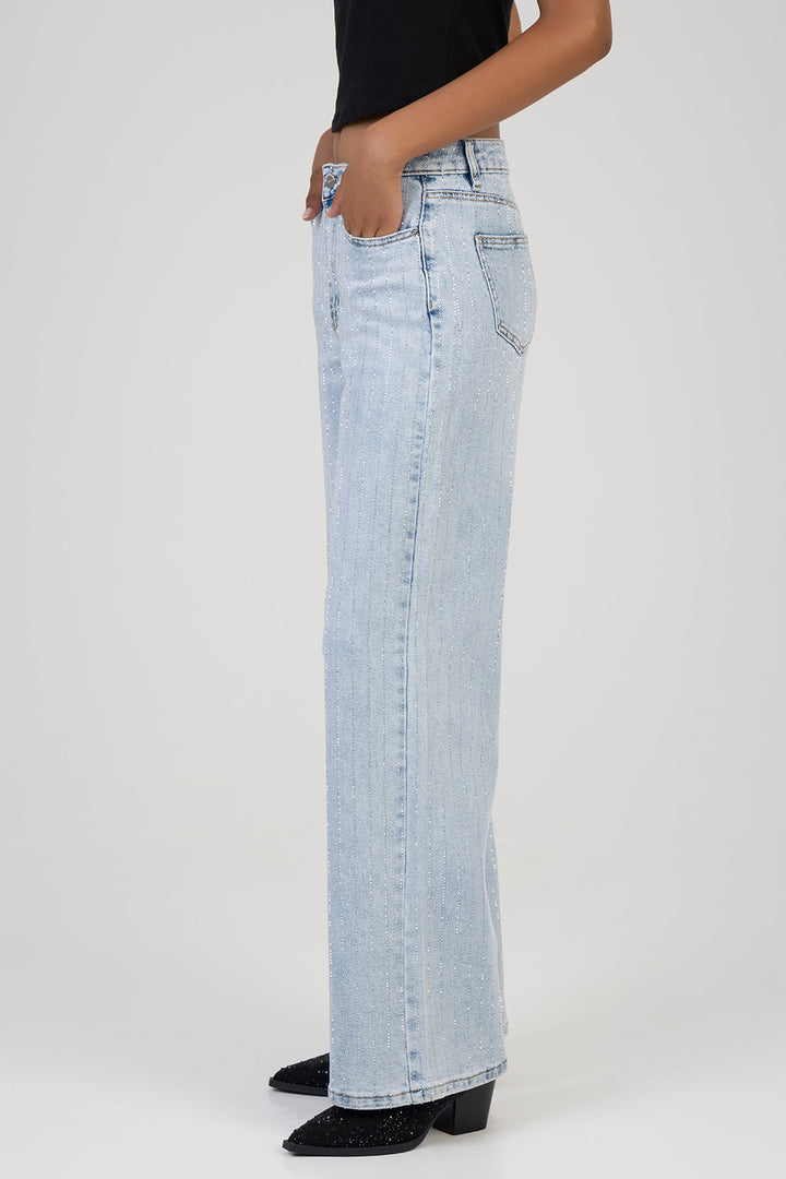 High Waist Wide Leg Denim With All Over Bling - Light Wash
