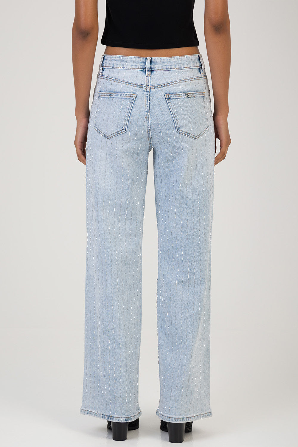 High Waist Wide Leg Denim With All Over Bling - Light Wash