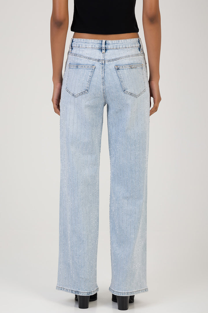 High Waist Wide Leg Denim With All Over Bling - Light Wash