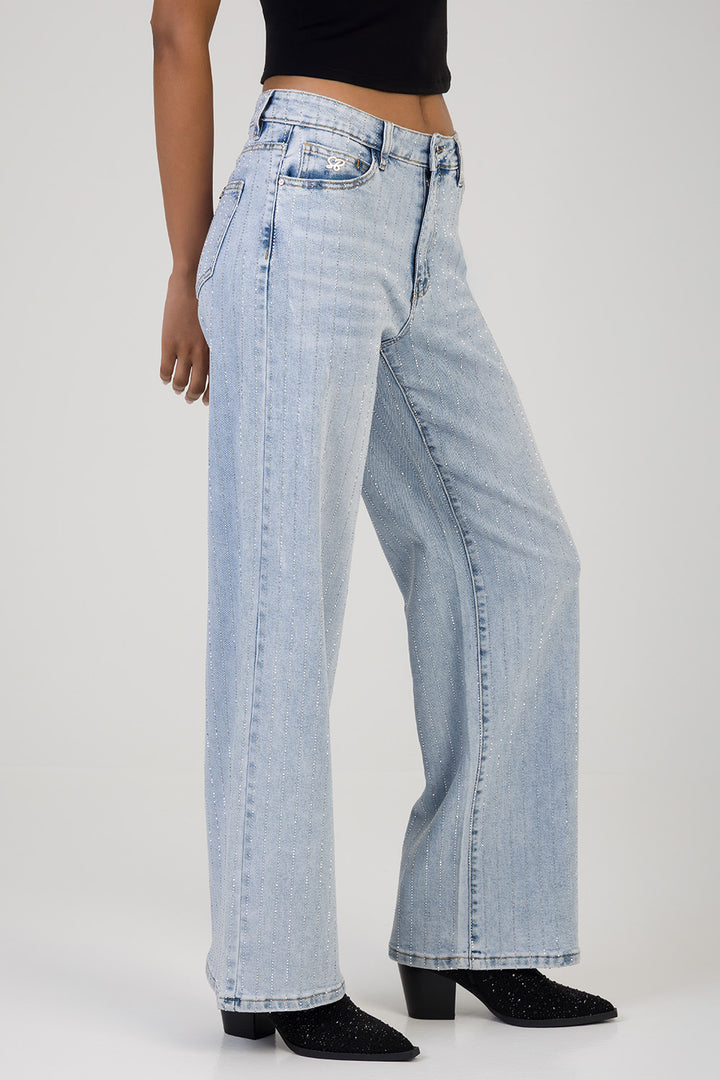 High Waist Wide Leg Denim With All Over Bling - Light Wash