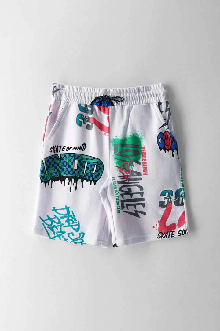 Boys La Skull Smiley Grafitti Fleece Shorts - White