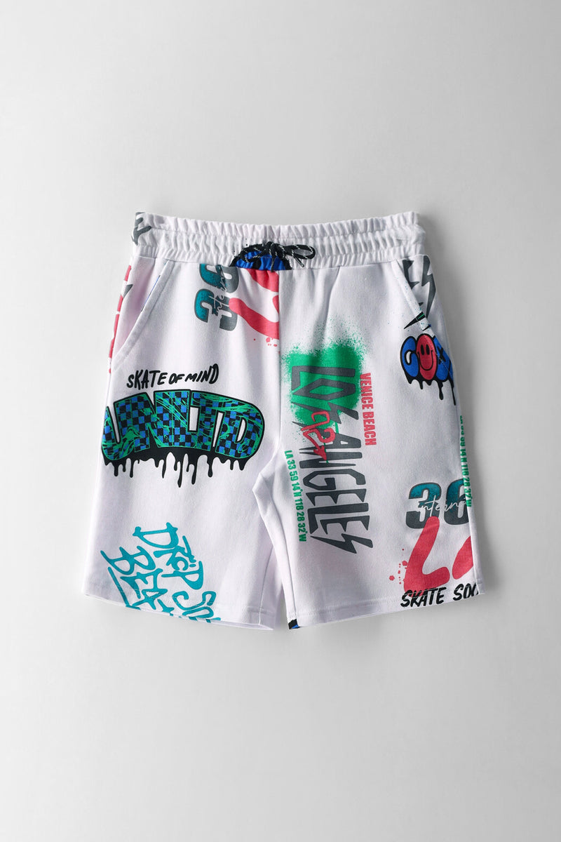 Boys La Skull Smiley Grafitti Fleece Shorts - White
