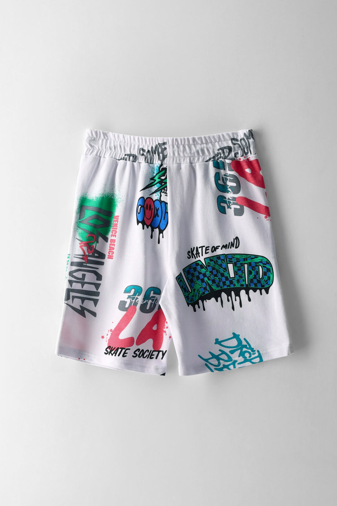 Boys La Skull Smiley Grafitti Fleece Shorts - White