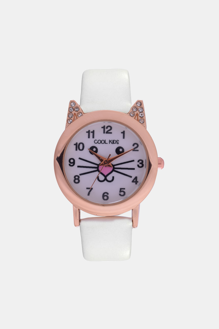 Girls Resin Kitty Analogue Watch - White/Rose Gold