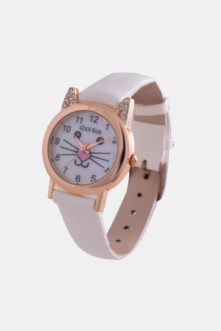 Girls Resin Kitty Analogue Watch - White/Rose Gold