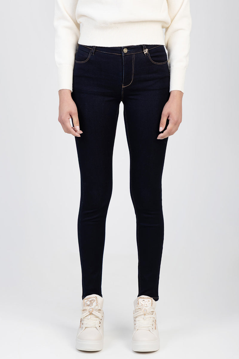 Celine Mid Waist Skinny In Sateen Denim - Dark Wash