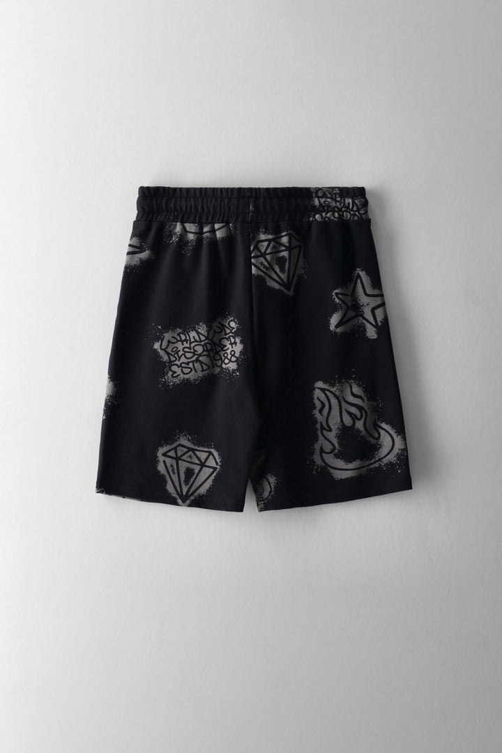 Nyc Grafitti Fleece Shorts - Black