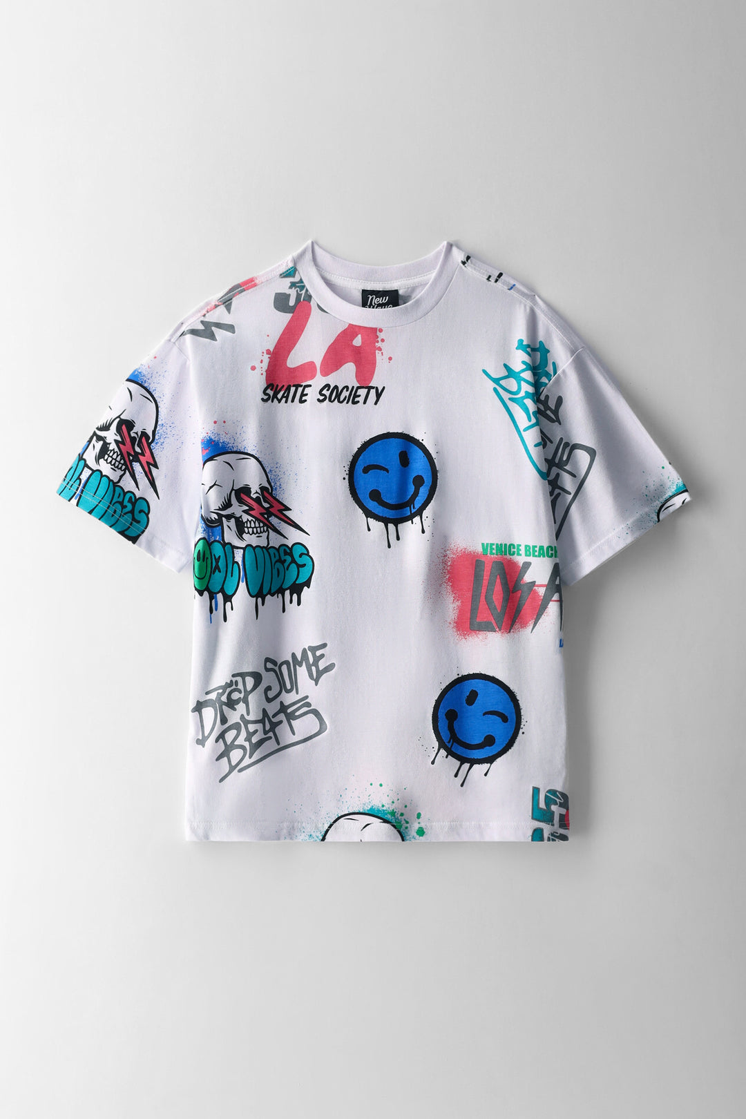 Boys La Skull Smiley Graffiti Oversized T-Shirt - White