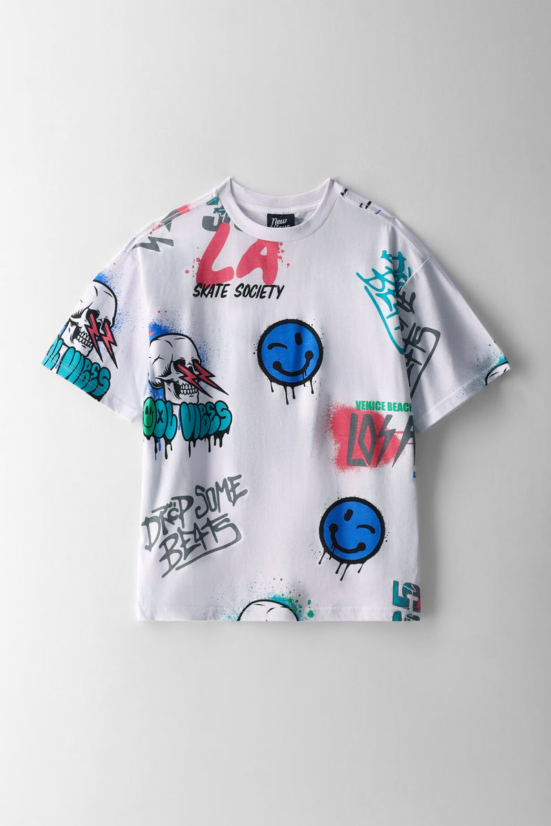 Boys La Skull Smiley Graffiti Oversized T-Shirt - White