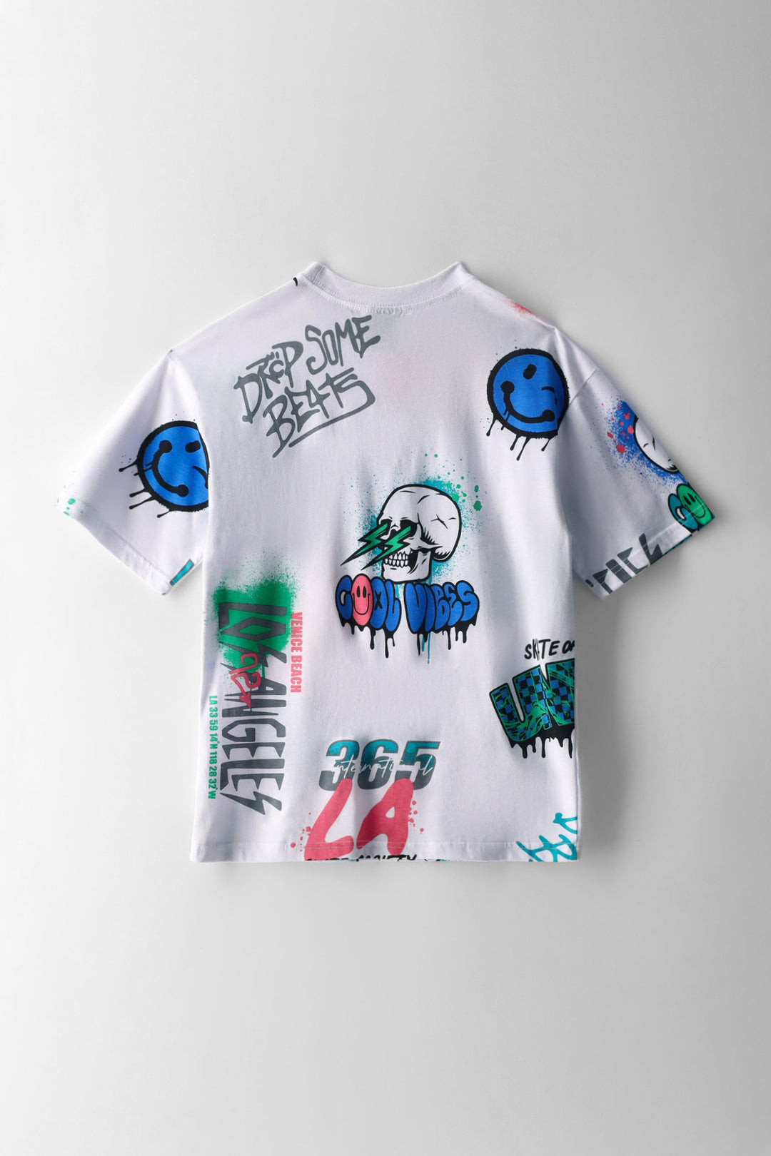 Boys La Skull Smiley Graffiti Oversized T-Shirt - White