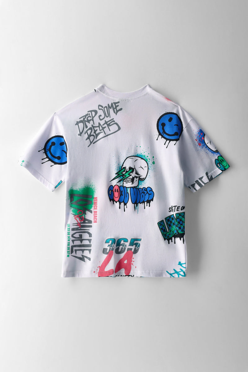 Boys La Skull Smiley Graffiti Oversized T-Shirt - White