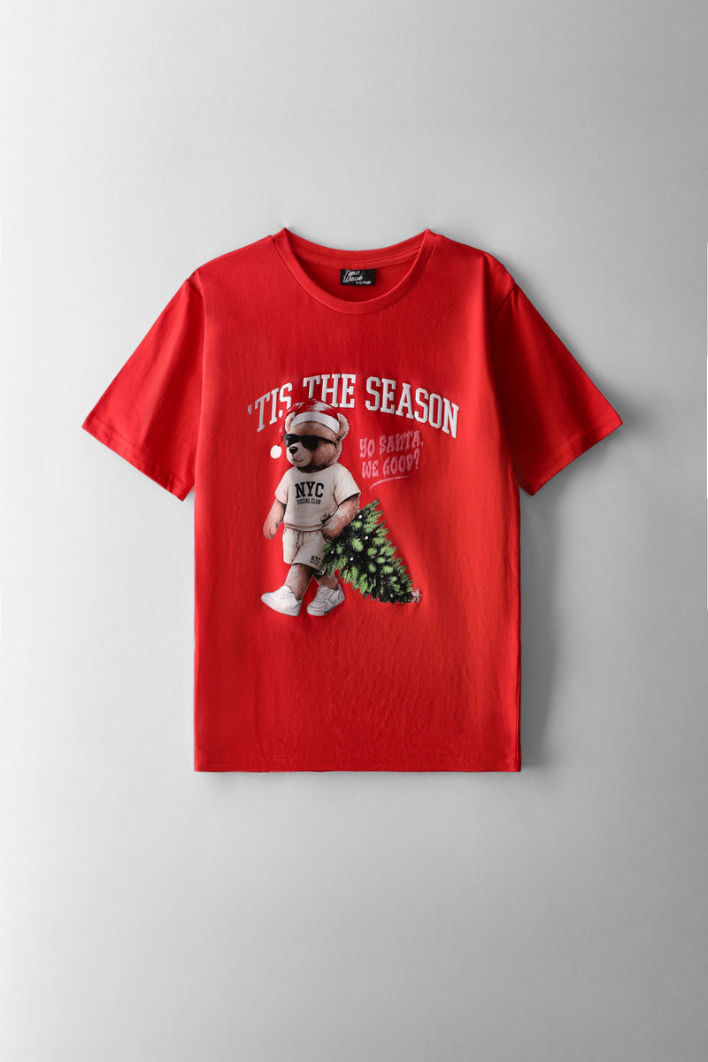 Boys Christmas Tree Teddy  Print T-Shirt - Red