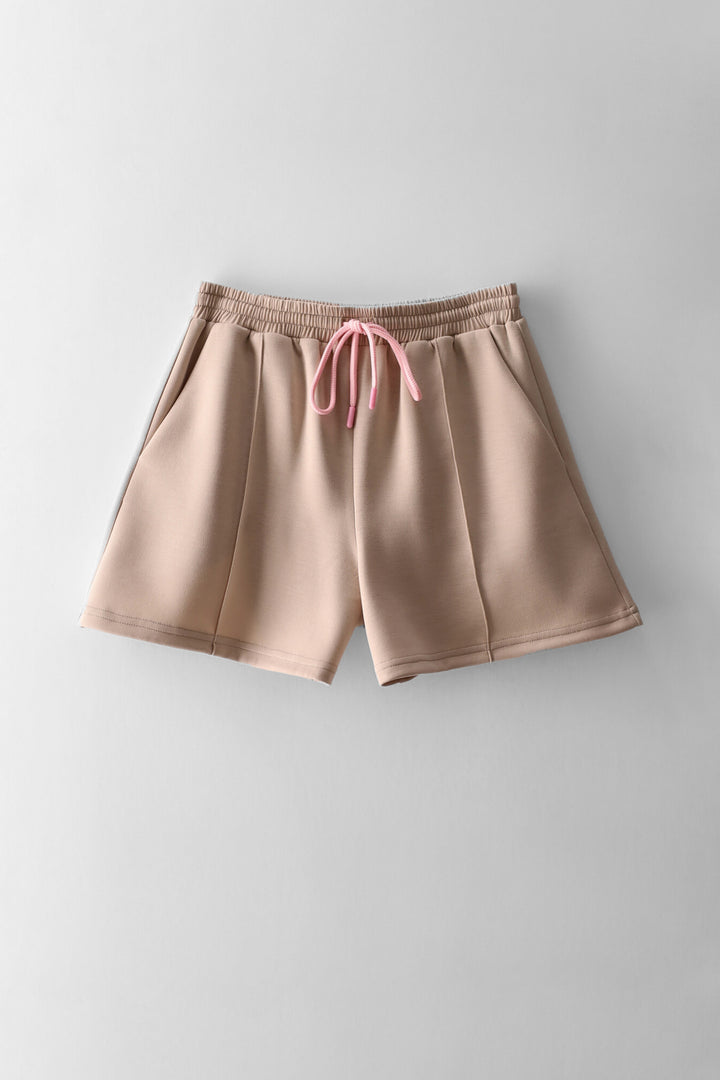 Girls Pintuck Pipping Scuba Shorts - Stone