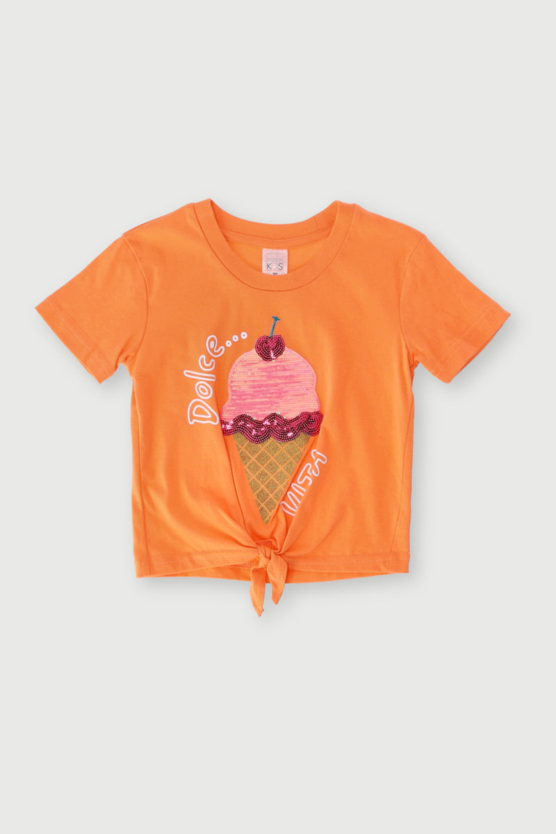 Pre-Girls Sequin Ice Cream Tie Tee - Orange