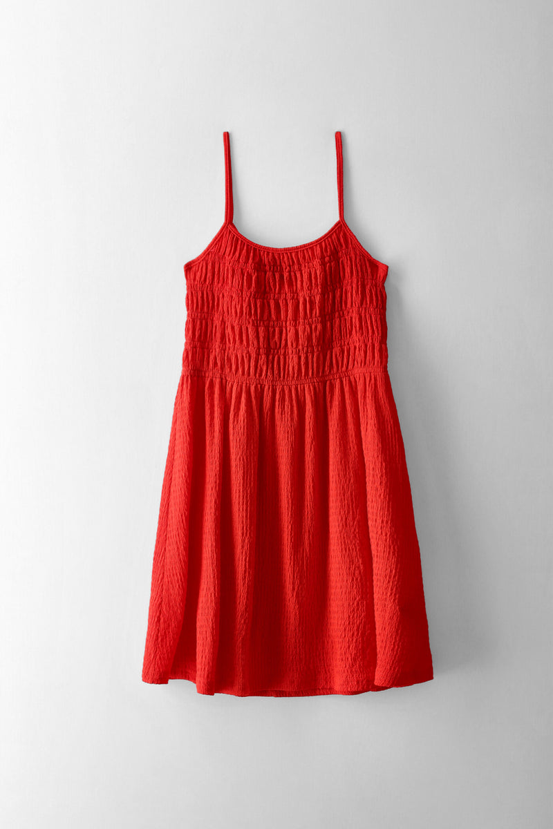 Girls Shirred Bodice Crinkle Knit Dress - Red
