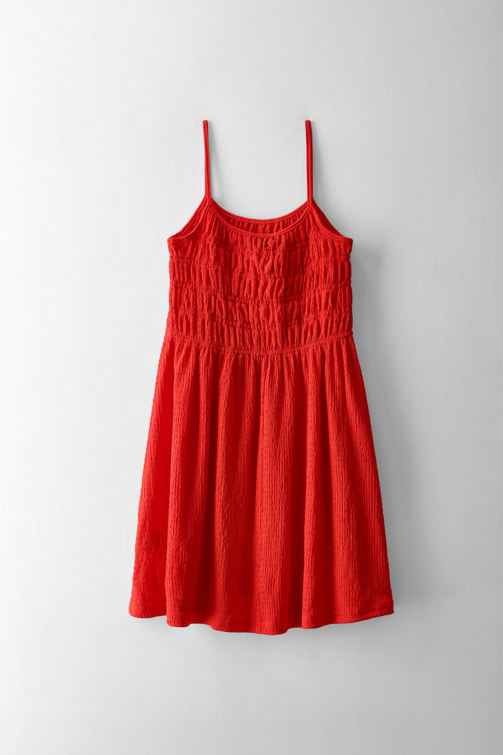 Girls Shirred Bodice Crinkle Knit Dress - Red