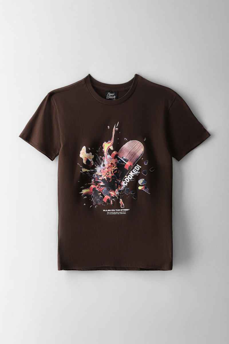 Boys Cooked Skateboard Print T-Shirt - Chocolate