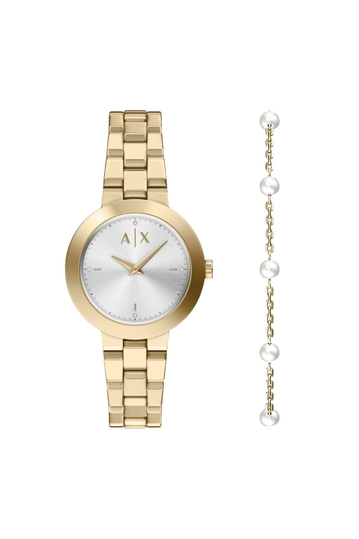 Ladies Two-Hand Gold-Tone Stainless Steel Watch And Bracelet Set