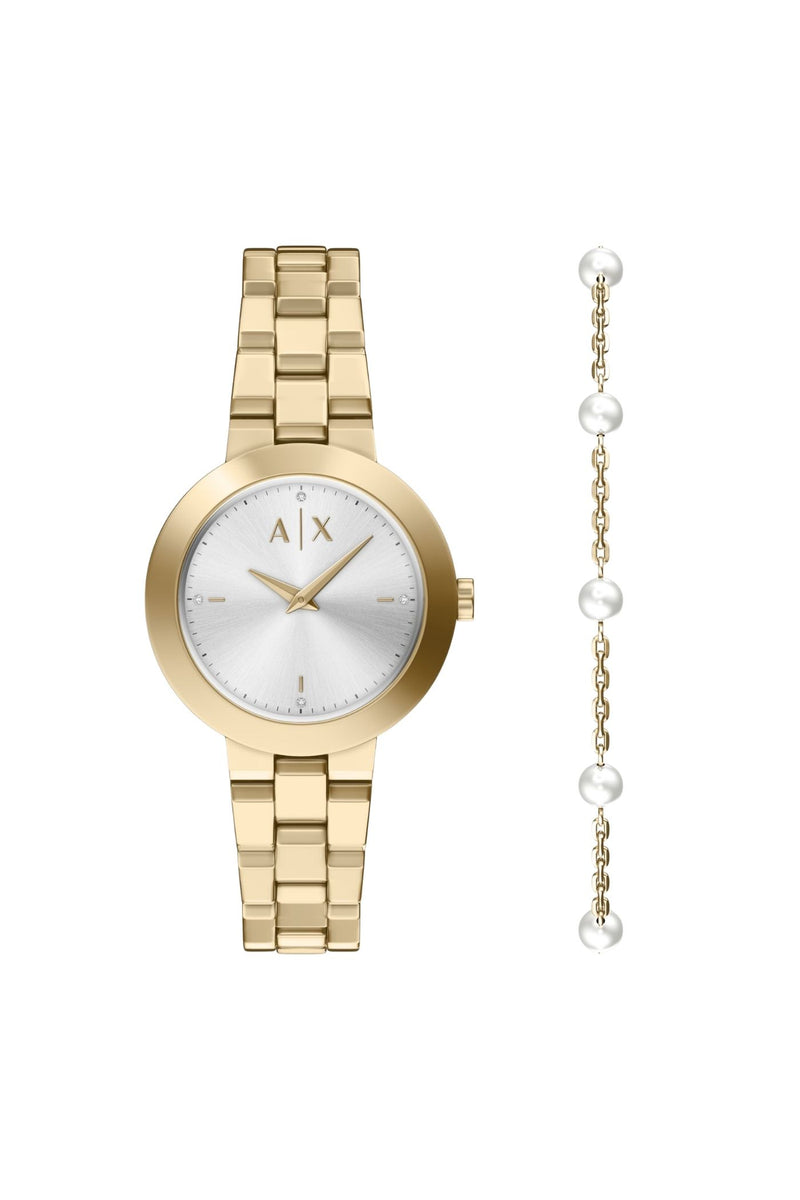 Ladies Two-Hand Gold-Tone Stainless Steel Watch And Bracelet Set