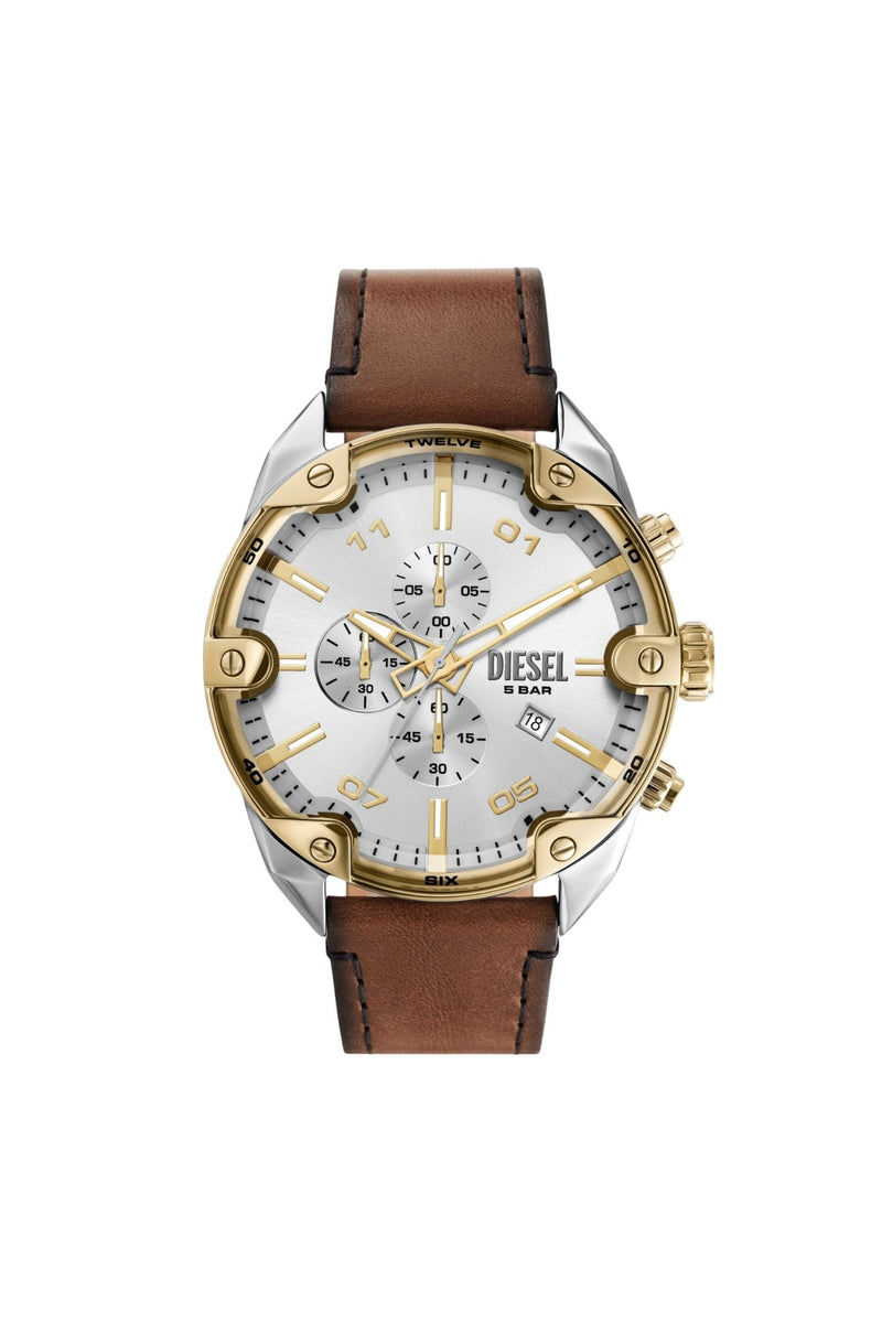 Mens Spiked Chronograph Brown Leather Watch