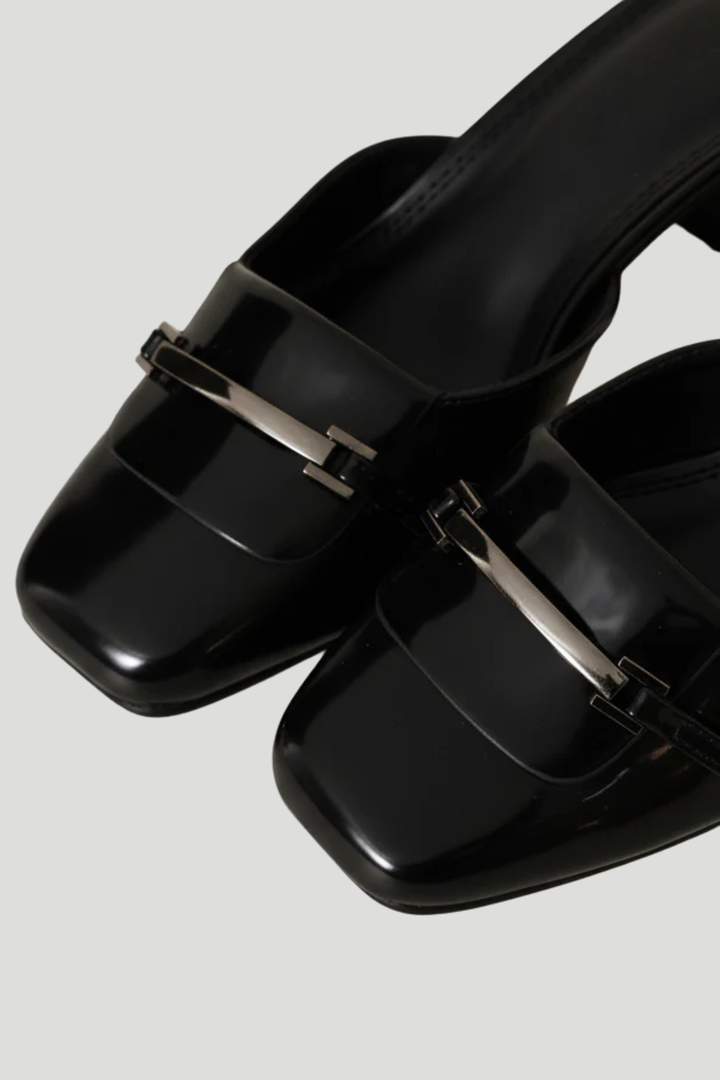 Square Toe Apron Mule Heel - Black