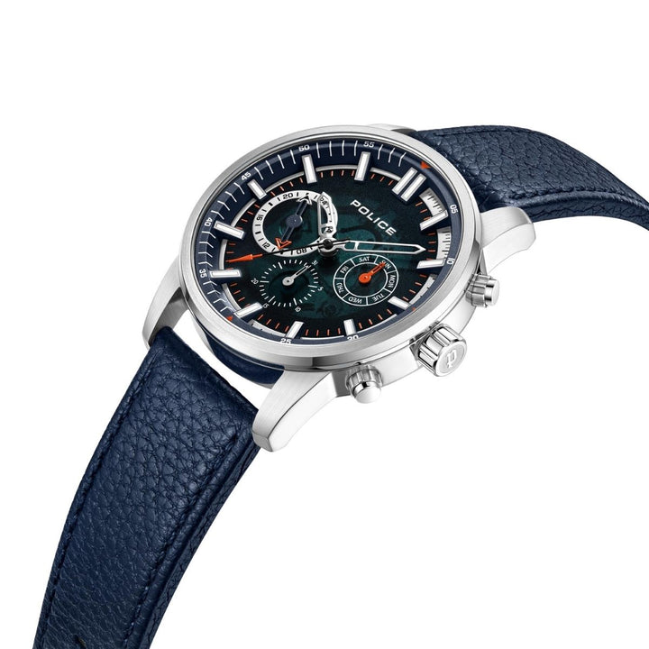 Blue Dial & Blue Leather Strap Multifunction Watch - Blue