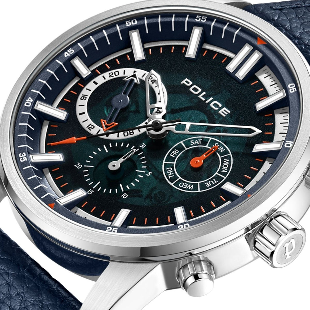 Blue Dial & Blue Leather Strap Multifunction Watch - Blue