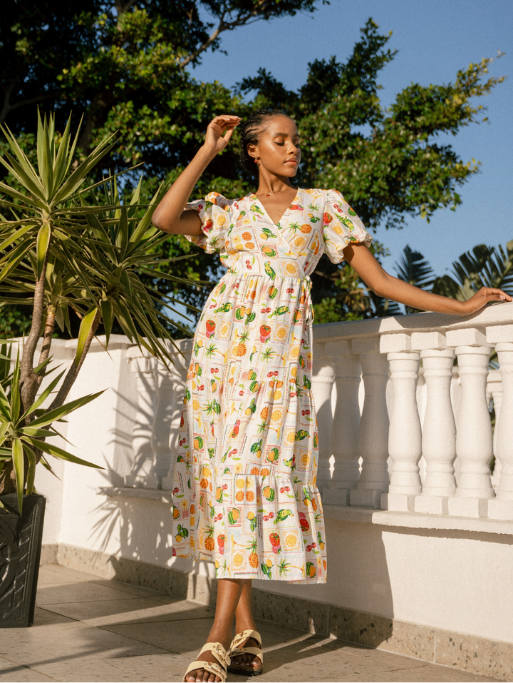 Bubble Sleeve Tiered Wrap Midi Dress - Multi