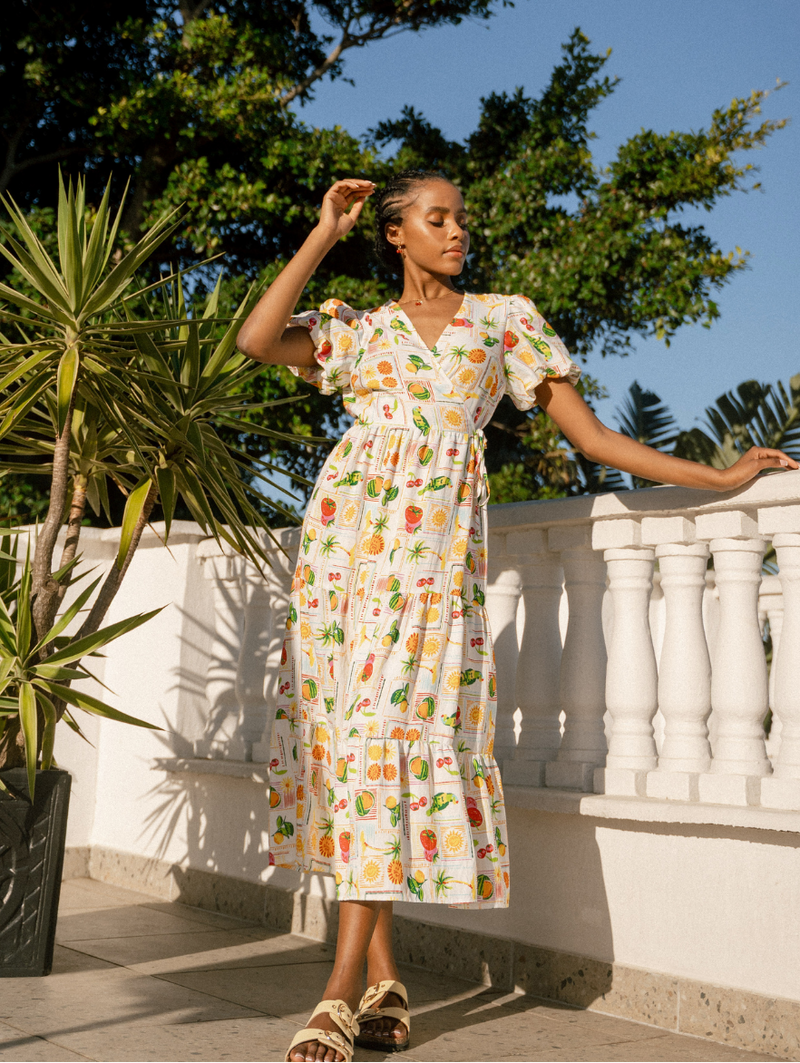 Bubble Sleeve Tiered Wrap Midi Dress - Multi