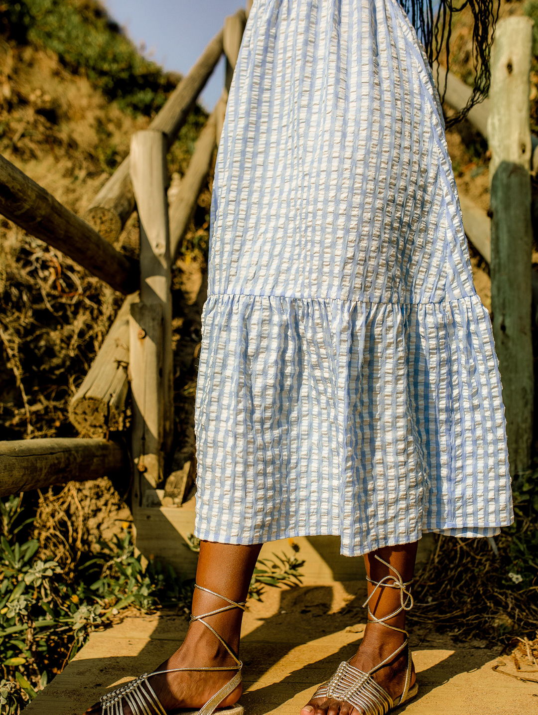 Frill Strap Shirred Bodice Frill Hem Midaxi Dress - White/Light Blue