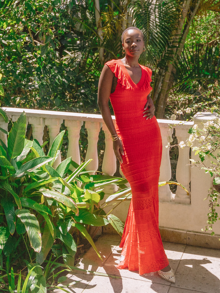 Frill V-Neck Crochet Fit & Flare Maxi Dress - Fiery Red