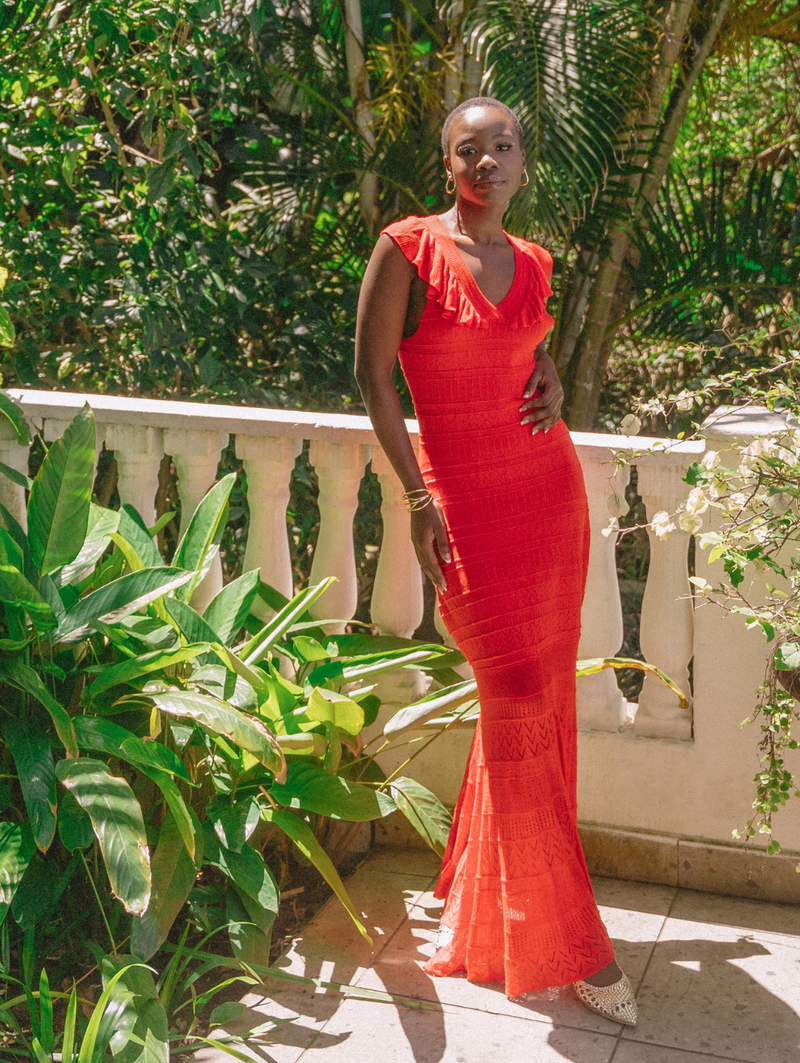 Frill V-Neck Crochet Fit & Flare Maxi Dress - Fiery Red