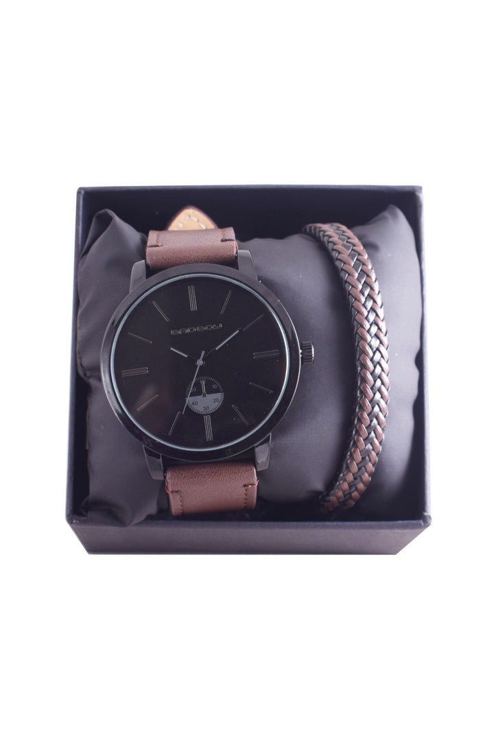 Braided Bracelet & Watch Set - Brown/Black