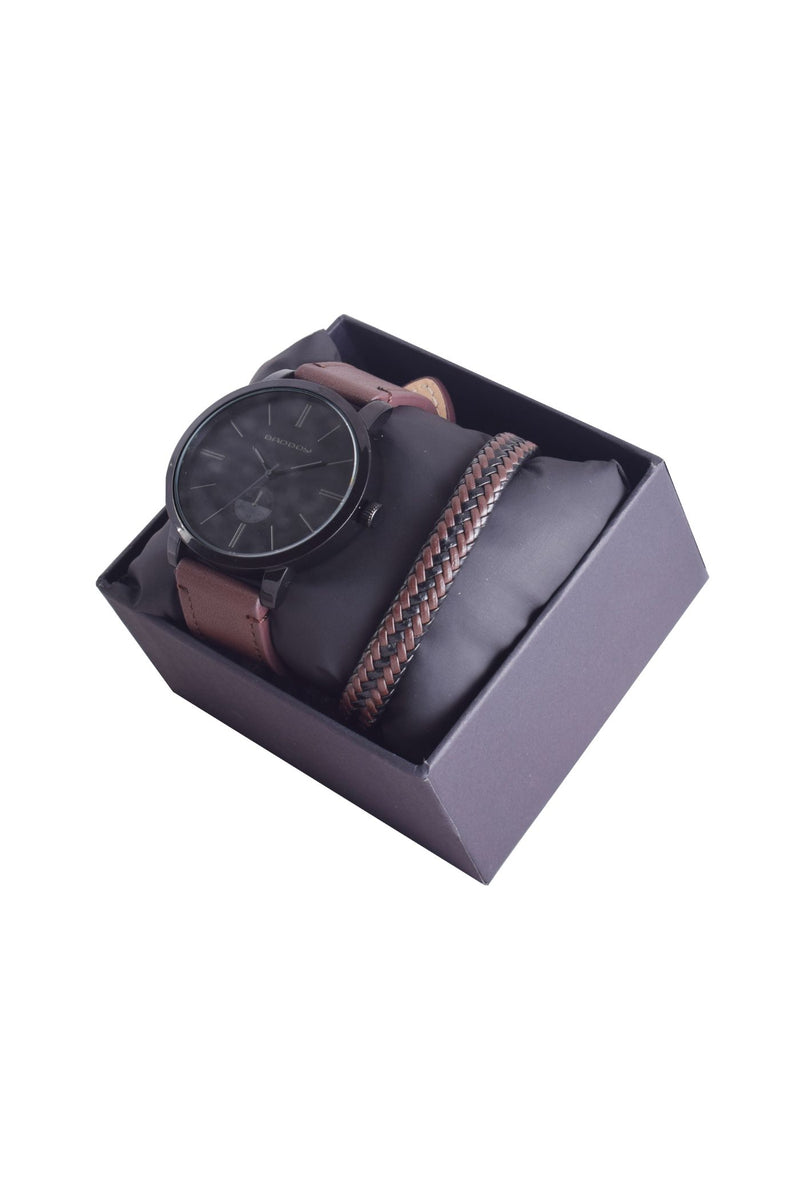 Braided Bracelet & Watch Set - Brown/Black