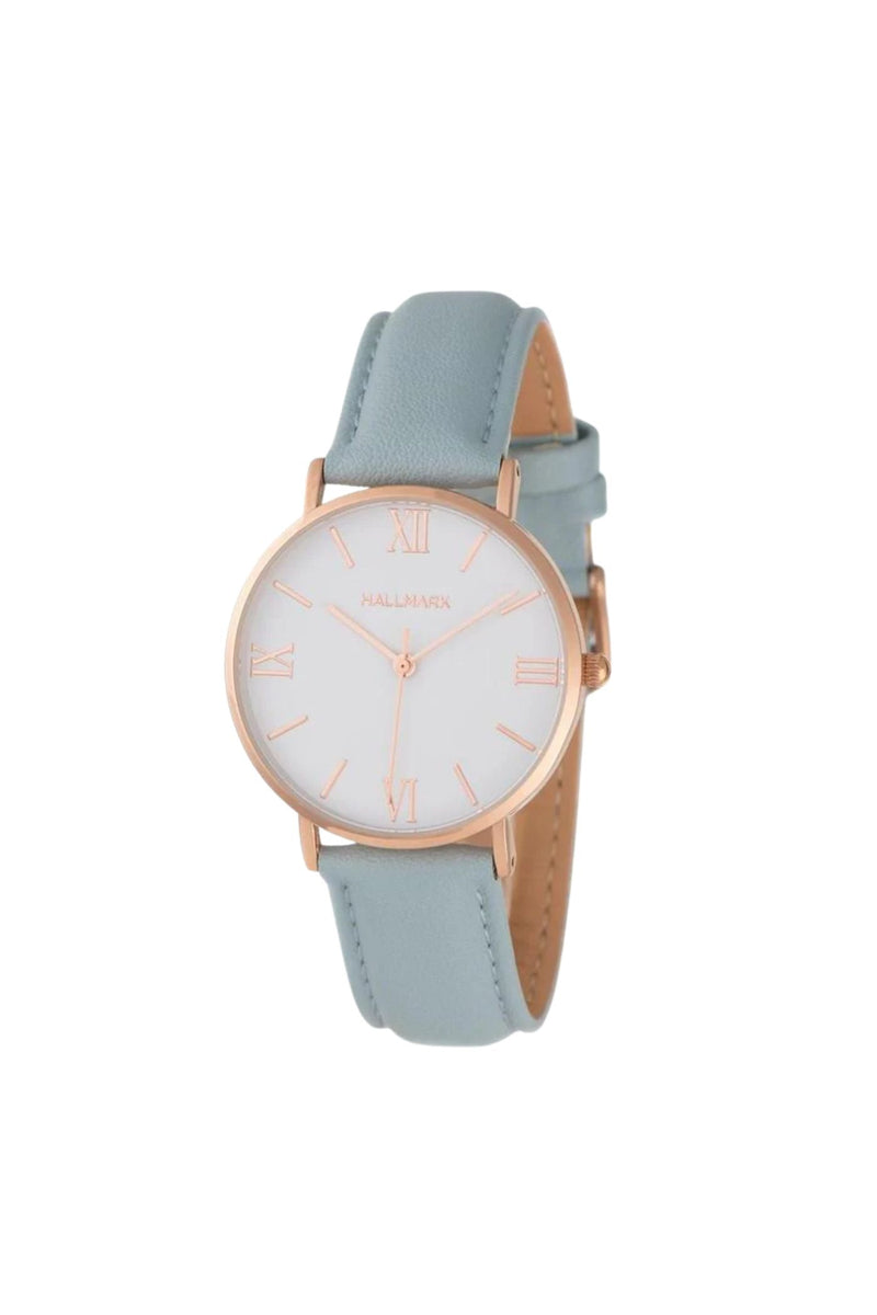 Rose Gold Case With White Dial & Blue Leather Strap - Rose Gold