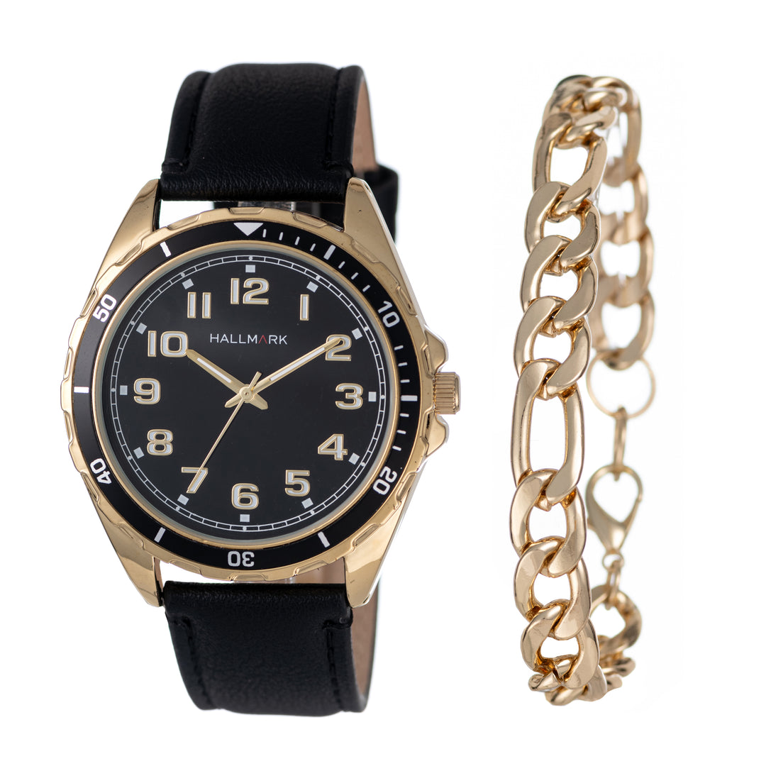 Gents Gold Watch With Leather Strap & Hand Chain Set