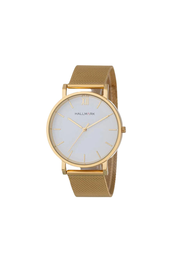 Gold Case With White Dial & Round Mesh Bracelet - Gold
