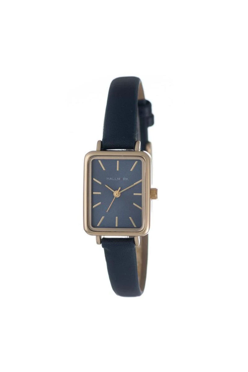 Rectangle Navy Dial With Navy Leather Strap - Gold