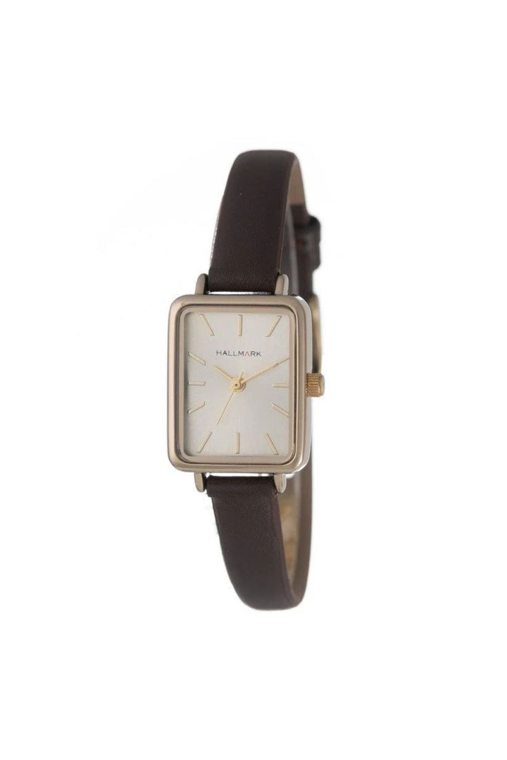 Rectangle Champagne Dial With Brown Leather Strap - Gold