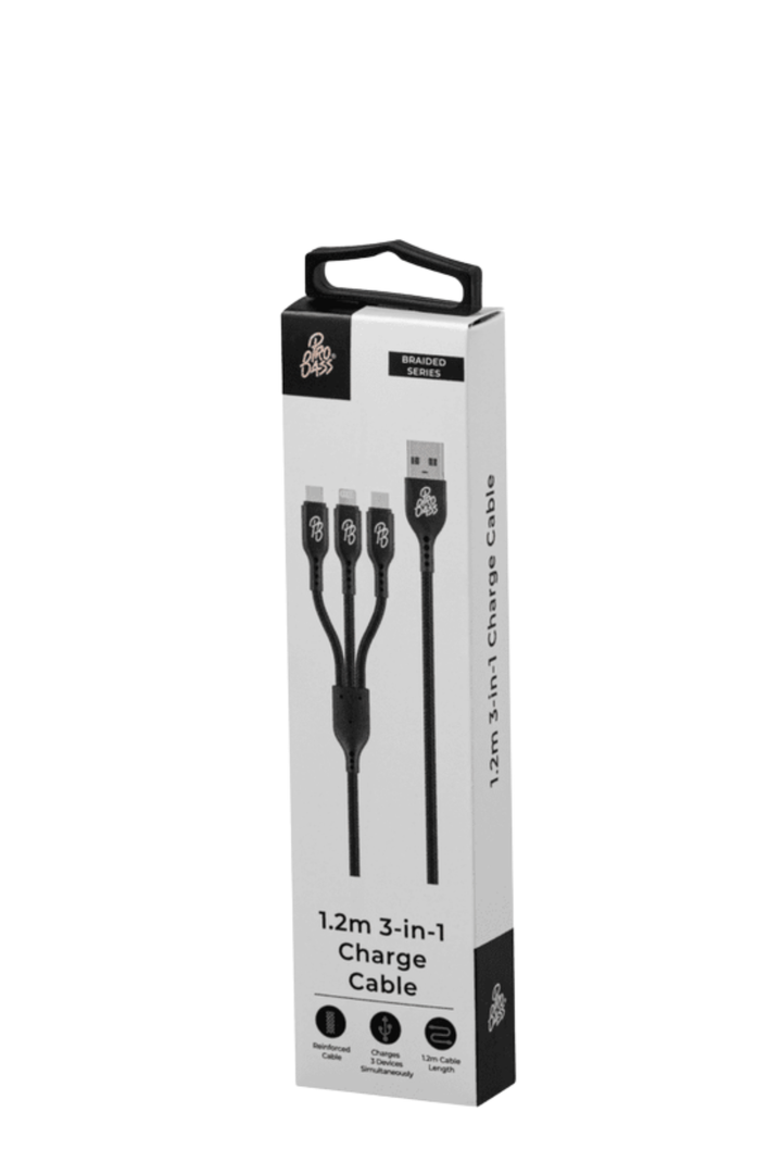 Pro Bass Braided 3-in-1 Charge Cable 1m - Black