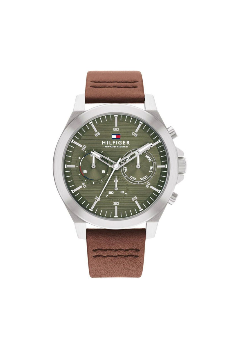 Lance Green Dial Brown Leather Strap Watch - Brown