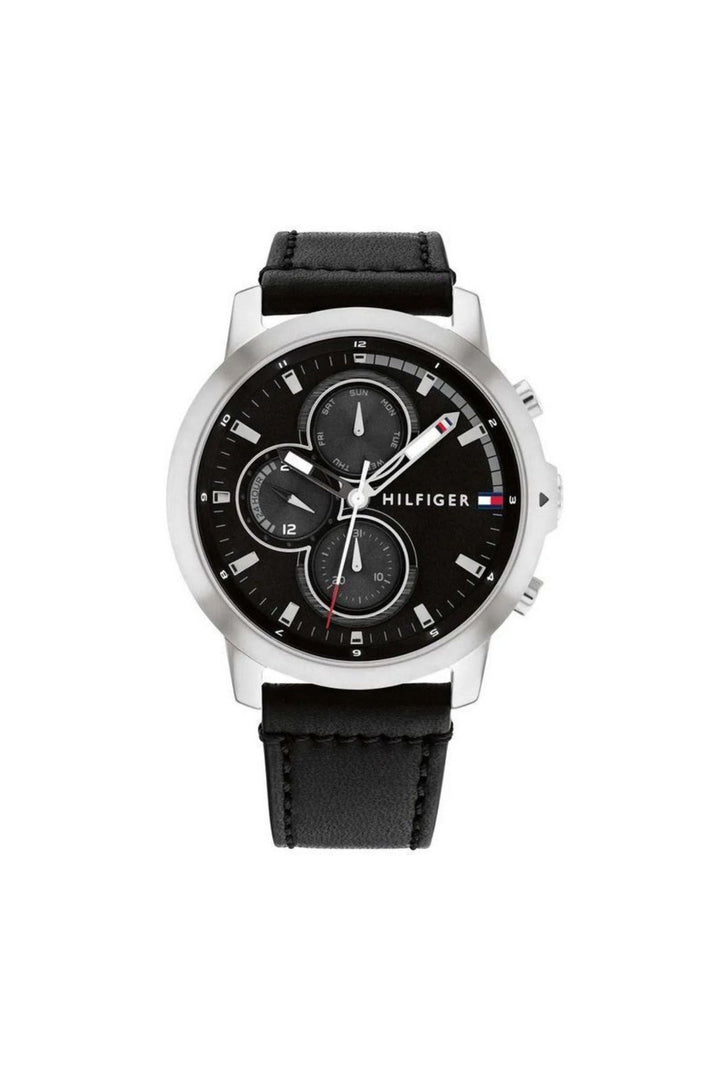 Jameson Mens Leather Strap Multifunction Black Dial Quartz Watch - Black