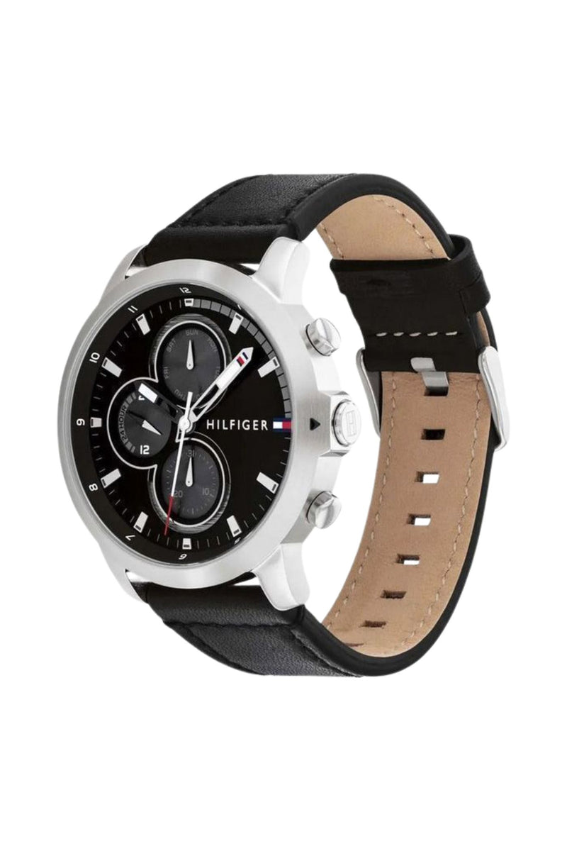 Jameson Mens Leather Strap Multifunction Black Dial Quartz Watch - Black