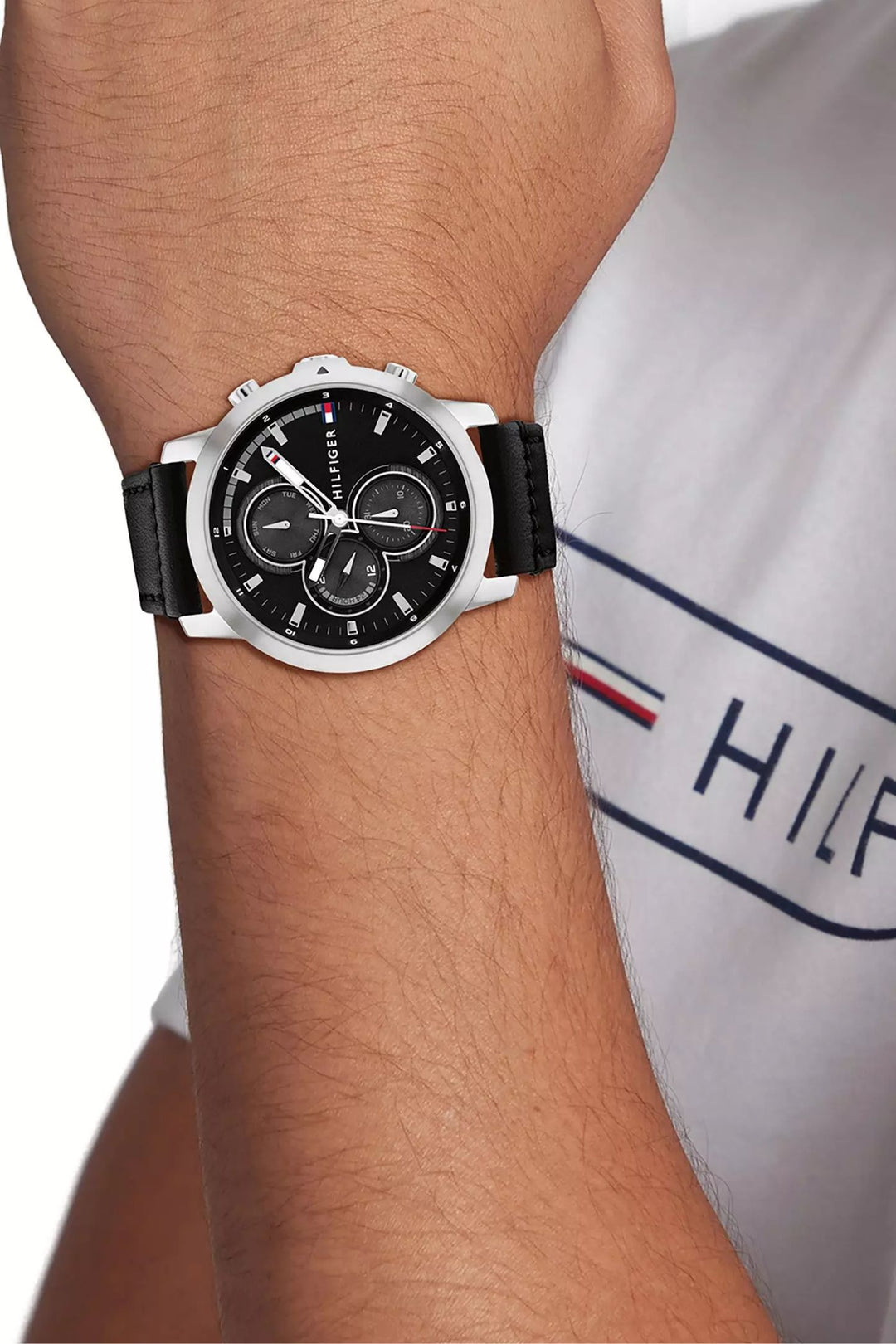Jameson Mens Leather Strap Multifunction Black Dial Quartz Watch - Black