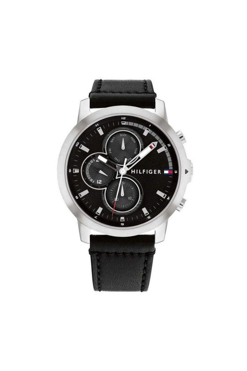 Jameson Mens Leather Strap Multifunction Black Dial Quartz Watch - Black