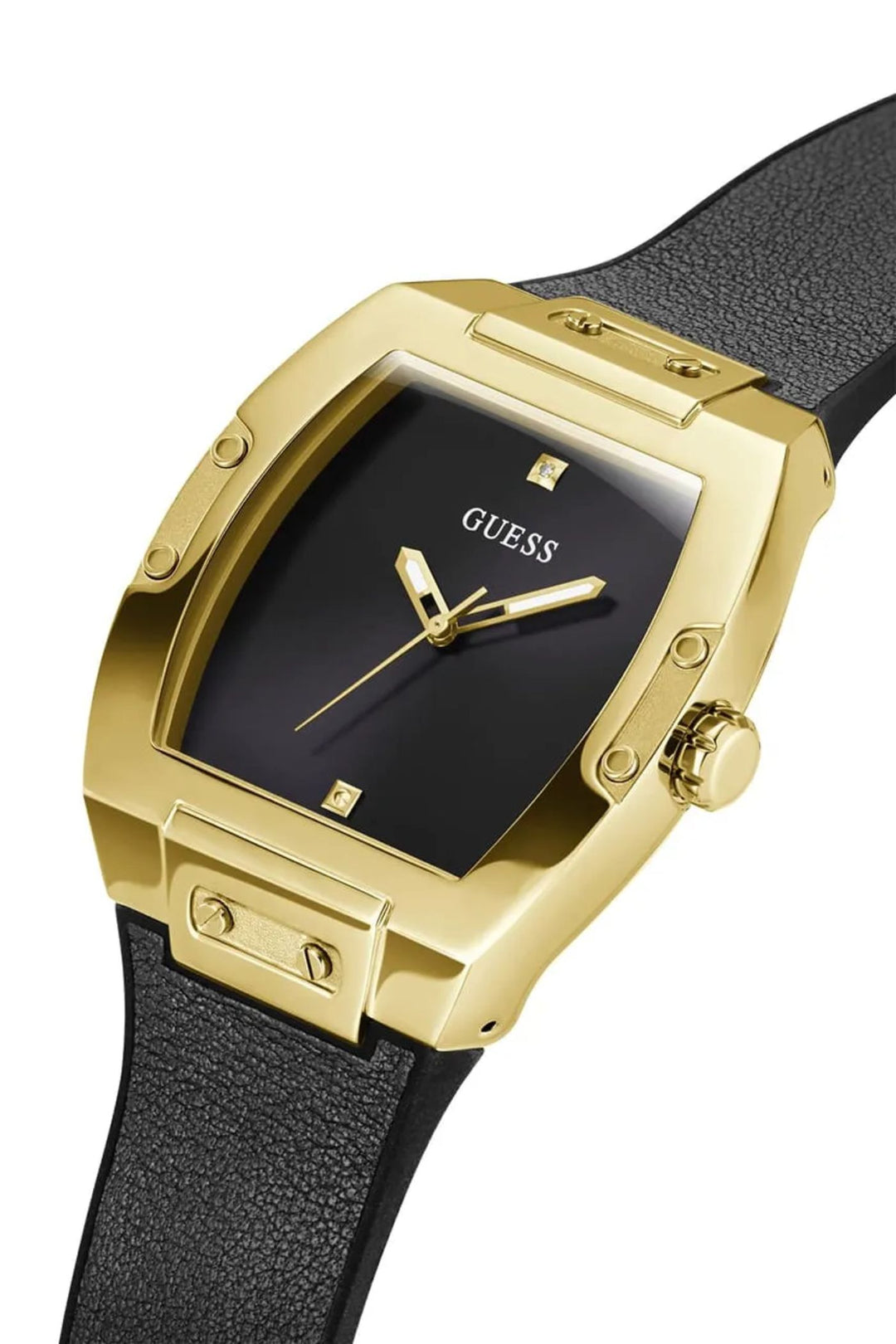 Gold Case Sun Black Diamond Dial Smooth Leather Strap Watch - Gold