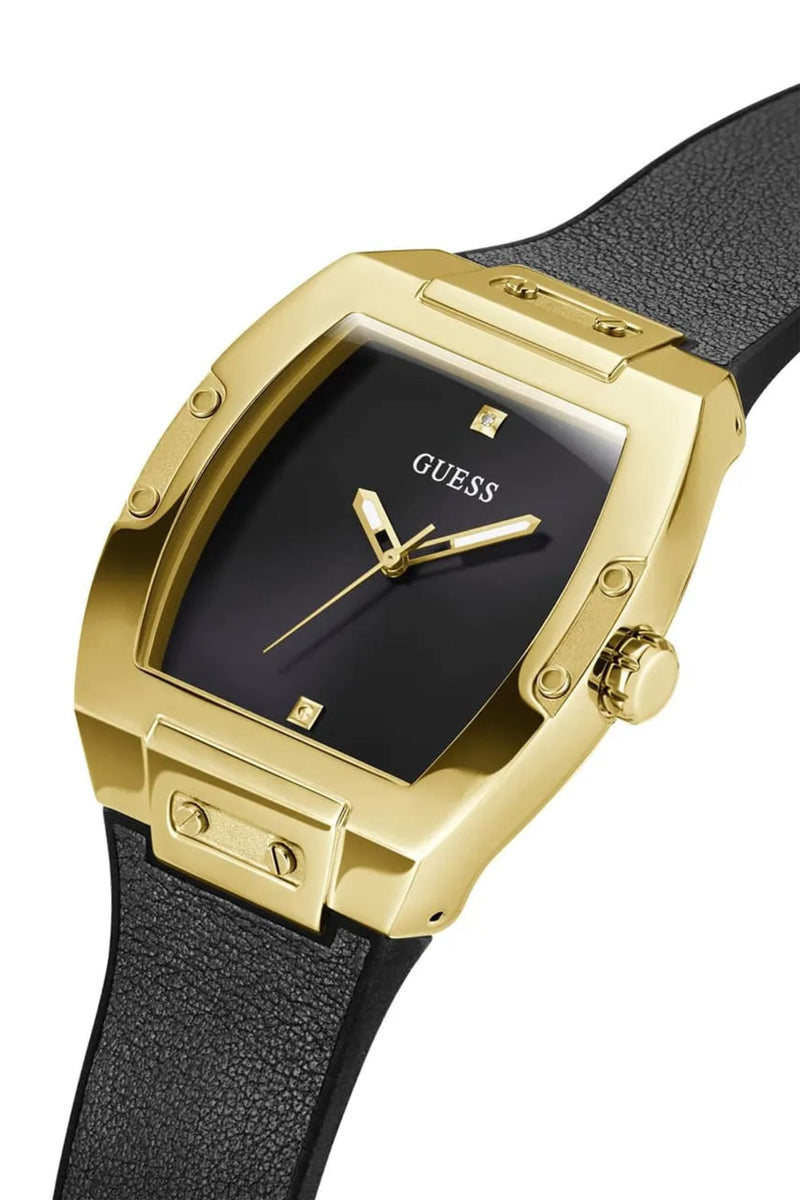 Gold Case Sun Black Diamond Dial Smooth Leather Strap Watch - Gold