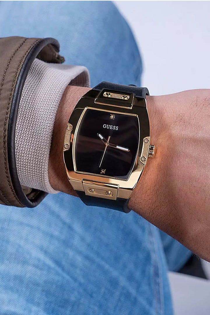 Gold Case Sun Black Diamond Dial Smooth Leather Strap Watch - Gold